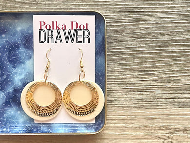 Gold Textured Cream earrings, Floral round statement earrings metal jewelry, gold geometric earrings pierced dangle drop chunky shiny metal
