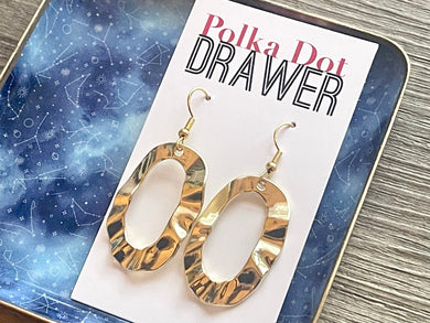 Gold Crinkle earrings, oval statement earrings metal jewelry, gold geometric earrings pierced dangle drop chunky shiny gold metal brass