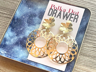 Gold Mandala earrings, Floral round statement earrings metal jewelry, gold geometric earrings pierced dangle drop chunky shiny gold metal