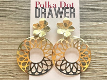 Load image into Gallery viewer, Gold Mandala earrings, Floral round statement earrings metal jewelry, gold geometric earrings pierced dangle drop chunky shiny gold metal