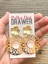 Load image into Gallery viewer, Gold Mandala earrings, Floral round statement earrings metal jewelry, gold geometric earrings pierced dangle drop chunky shiny gold metal