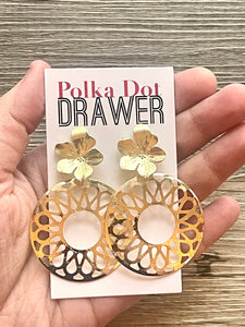 Gold Mandala earrings, Floral round statement earrings metal jewelry, gold geometric earrings pierced dangle drop chunky shiny gold metal