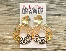 Load image into Gallery viewer, Gold Mandala earrings, Floral round statement earrings metal jewelry, gold geometric earrings pierced dangle drop chunky shiny gold metal