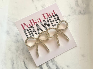 Gold Rhinestone Bow statement earrings metal jewelry, gold geometric earrings pierced oversize stud chunky shiny gold metal, girly diamond