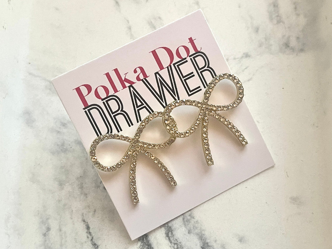 Gold Rhinestone Bow statement earrings metal jewelry, gold geometric earrings pierced oversize stud chunky shiny gold metal, girly diamond