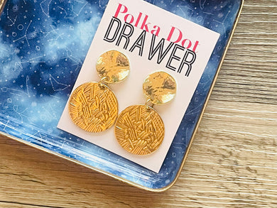 Gold Etched earrings, Floral round statement earrings metal jewelry, gold geometric earrings pierced dangle drop chunky shiny gold metal