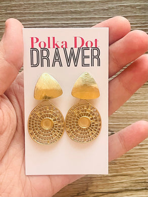 Gold Brushed earrings, mandala round statement earrings metal jewelry, gold geometric earrings pierced dangle drop chunky shiny gold metal