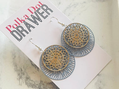 Silver & Light Blue Mandala earrings, circle statement earrings, metal jewelry round geometric pierced dangle drop chunky shiny brass