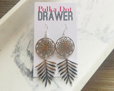Silver Feather earrings, leaf statement earrings, metal jewelry, round geometric earrings pierced dangle drop chunky shiny rectangular brass