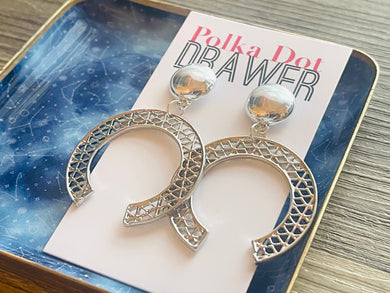 Silver Filigree Horseshoe earrings, statement earrings metal jewelry geometric earrings pierced dangle drop chunky shiny gold metal brass