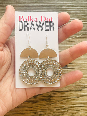 Silver Mandala earrings, circle statement earrings, metal jewelry round geometric pierced dangle drop chunky shiny rectangular brass