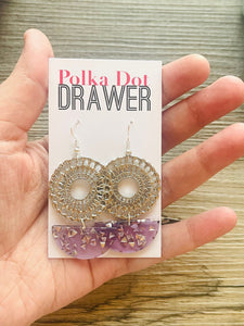 Silver & Purple Mandala earrings, circle statement earrings, metal jewelry round geometric pierced dangle drop chunky shiny brass confetti