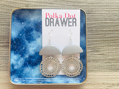 Silver Mandala earrings, circle statement earrings, metal jewelry round geometric pierced dangle drop chunky shiny rectangular brass