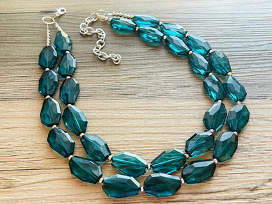Emerald Green Double Strand Chunky Statement Necklace, Multi Strand Bib Forest Green, deep green jewelry, dark green beaded May birthstone
