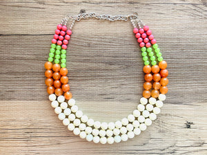 Tropical Color Block Painted Beaded Necklace, Colorful Jewelry Chunky statement necklace lentil beaded necklace jewelry red pink lime green