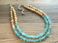 Load image into Gallery viewer, Textured natural &amp; Light Blue jewelry Statement necklace, spike jewelry, chunky bib necklace, tan brown jewelry, baby blue gem stone jewelry