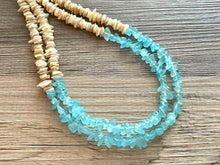 Load image into Gallery viewer, Textured natural &amp; Light Blue jewelry Statement necklace, spike jewelry, chunky bib necklace, tan brown jewelry, baby blue gem stone jewelry
