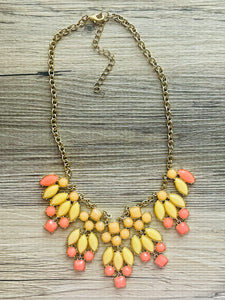 Sunrise Vintage Statement necklace, stunning elegant yellow coral statement bib necklace, gold layering necklace