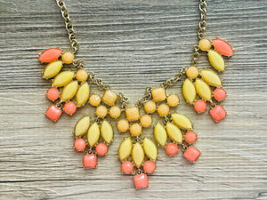 Sunrise Vintage Statement necklace, stunning elegant yellow coral statement bib necklace, gold layering necklace