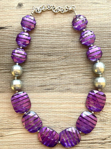 Chunky Purple Statement Necklace - Silver and purple, purple crackle beads, single strand necklace, purple 1 strand chunky jewelry