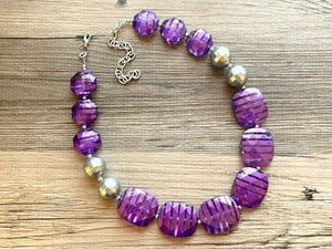 Chunky Purple Statement Necklace - Silver and purple, purple crackle beads, single strand necklace, purple 1 strand chunky jewelry