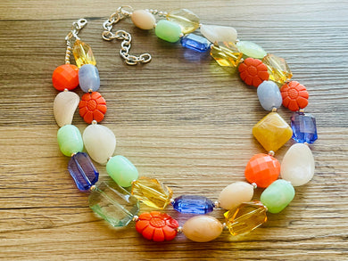 Tropical Cruise Chunky Statement Necklace, Orange necklace, pink necklace beaded wedding, emerald green marigold bridesmaid jewelry