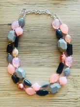 Load image into Gallery viewer, Coral &amp; Black statement necklace, Beaded statement necklace, neutral necklace, bib necklace, coral necklace, statement jewelry silver