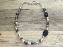 Load image into Gallery viewer, Long Black &amp; Gray Beaded Statement necklace, single strand neutral bead necklace, chunky layering necklace, glass lampwork beaded jewelry