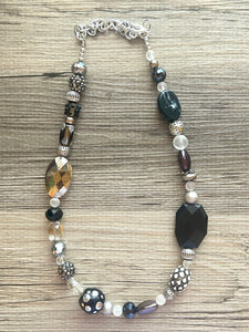 Long Black & Gray Beaded Statement necklace, single strand neutral bead necklace, chunky layering necklace, glass lampwork beaded jewelry