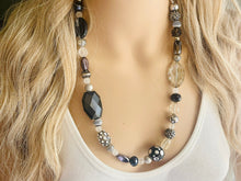 Load image into Gallery viewer, Long Black &amp; Gray Beaded Statement necklace, single strand neutral bead necklace, chunky layering necklace, glass lampwork beaded jewelry