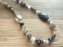 Load image into Gallery viewer, Long Black &amp; Gray Beaded Statement necklace, single strand neutral bead necklace, chunky layering necklace, glass lampwork beaded jewelry