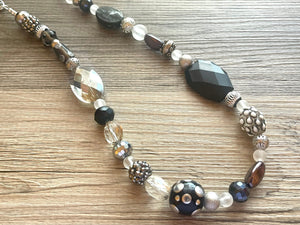 Long Black & Gray Beaded Statement necklace, single strand neutral bead necklace, chunky layering necklace, glass lampwork beaded jewelry