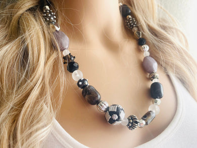 Silver Black & Gray Beaded Statement necklace, single strand neutral bead necklace, chunky layering necklace, glass lampwork beaded jewelry