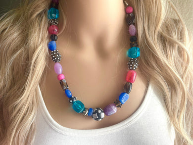 Jewel Tone Black statement necklace, blue purple silver necklace, bib chunky single strand necklace, pink jewelry lampwork beaded glass