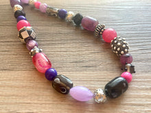 Load image into Gallery viewer, Jewel Tone Black statement necklace, purple silver necklace, bib chunky single strand necklace, pink jewelry lampwork beaded glass