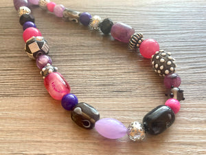 Jewel Tone Black statement necklace, purple silver necklace, bib chunky single strand necklace, pink jewelry lampwork beaded glass