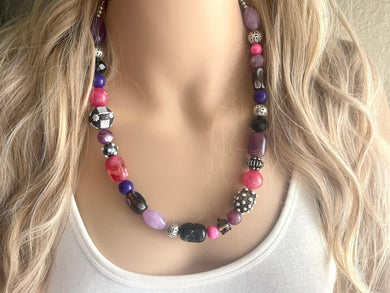 Jewel Tone Black statement necklace, purple silver necklace, bib chunky single strand necklace, pink jewelry lampwork beaded glass