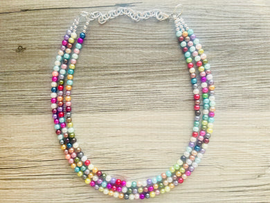 Multi Color Chunky Statement Necklace, pearl shiny rainbow pearlescent necklace jewelry, 3 strands collar beaded colorful