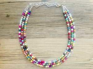 Multi Color Chunky Statement Necklace, pearl shiny rainbow pearlescent necklace jewelry, 3 strands collar beaded colorful