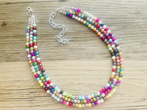 Multi Color Chunky Statement Necklace, pearl shiny rainbow pearlescent necklace jewelry, 3 strands collar beaded colorful