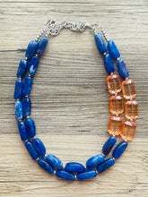 Load image into Gallery viewer, Preppy Chunky Statement Necklace, Big beaded jewelry, Double Strand Statement Necklace, coral and royal blue necklace, peach jewelry