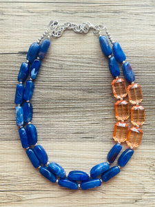 Preppy Chunky Statement Necklace, Big beaded jewelry, Double Strand Statement Necklace, coral and royal blue necklace, peach jewelry