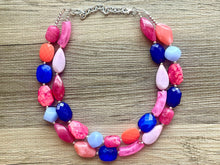 Load image into Gallery viewer, Cali Jewel Statement Necklace, chunky bib beaded jewelry, coral pink royal blue necklace, acrylic jewelry collar lavender blush pink