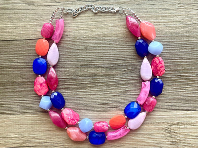 Cali Jewel Statement Necklace, chunky bib beaded jewelry, coral pink royal blue necklace, acrylic jewelry collar lavender blush pink