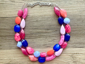 Cali Jewel Statement Necklace, chunky bib beaded jewelry, coral pink royal blue necklace, acrylic jewelry collar lavender blush pink