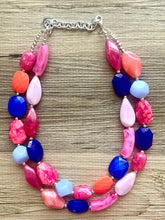 Load image into Gallery viewer, Cali Jewel Statement Necklace, chunky bib beaded jewelry, coral pink royal blue necklace, acrylic jewelry collar lavender blush pink