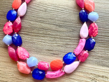 Load image into Gallery viewer, Cali Jewel Statement Necklace, chunky bib beaded jewelry, coral pink royal blue necklace, acrylic jewelry collar lavender blush pink