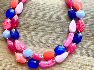 Cali Jewel Statement Necklace, chunky bib beaded jewelry, coral pink royal blue necklace, acrylic jewelry collar lavender blush pink