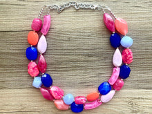 Load image into Gallery viewer, Cali Jewel Statement Necklace, chunky bib beaded jewelry, coral pink royal blue necklace, acrylic jewelry collar lavender blush pink