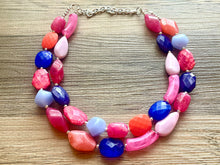 Load image into Gallery viewer, Cali Jewel Statement Necklace, chunky bib beaded jewelry, coral pink royal blue necklace, acrylic jewelry collar lavender blush pink